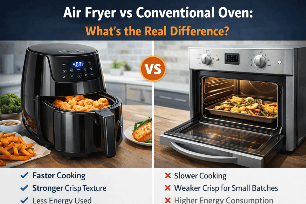 Side-by-side comparison of an air fryer and a conventional oven showing differences in cooking speed, crispiness, and energy efficiency