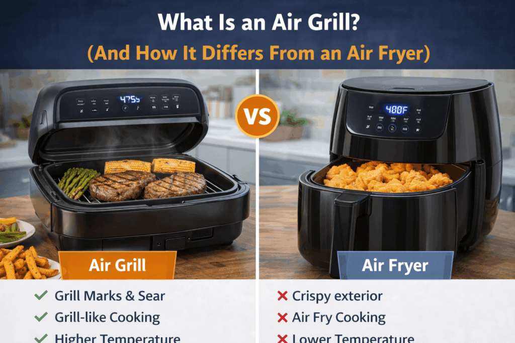 Comparison of an air grill and an air fryer showing grilled meat with grill marks versus air-fried food cooked by hot air circulation