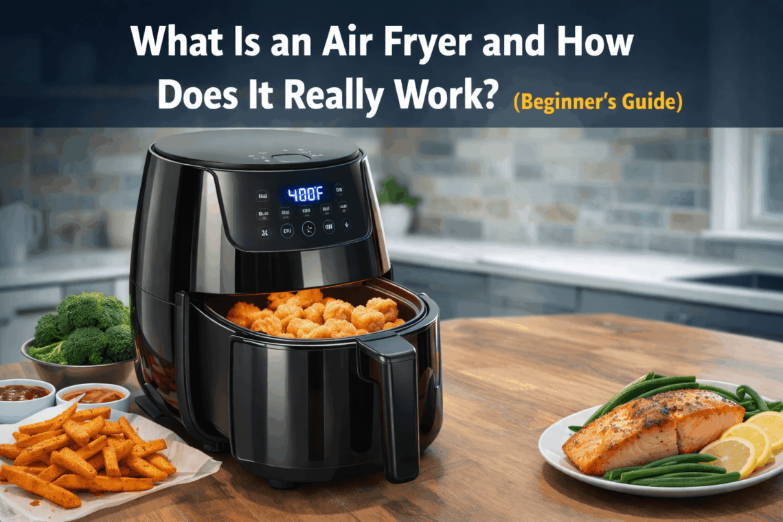Modern black air fryer cooking crispy chicken nuggets, salmon, and vegetables on a kitchen countertop, showing how an air fryer works using hot air circulation