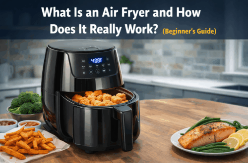 Modern black air fryer cooking crispy chicken nuggets, salmon, and vegetables on a kitchen countertop, showing how an air fryer works using hot air circulation