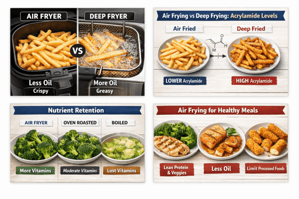 Comparison of air fryer cooking and deep frying showing less oil use, fewer calories, and better nutrient retention