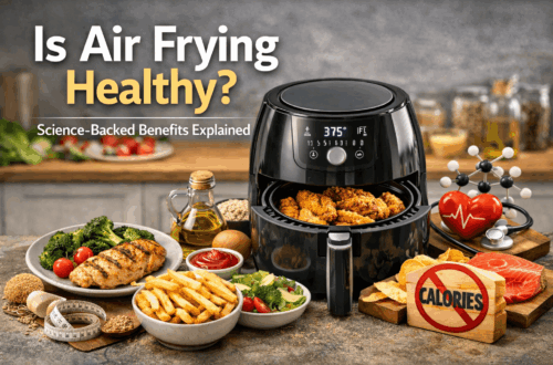 Modern air fryer cooking crispy chicken with healthy side dishes, illustrating whether air frying is a healthy cooking method