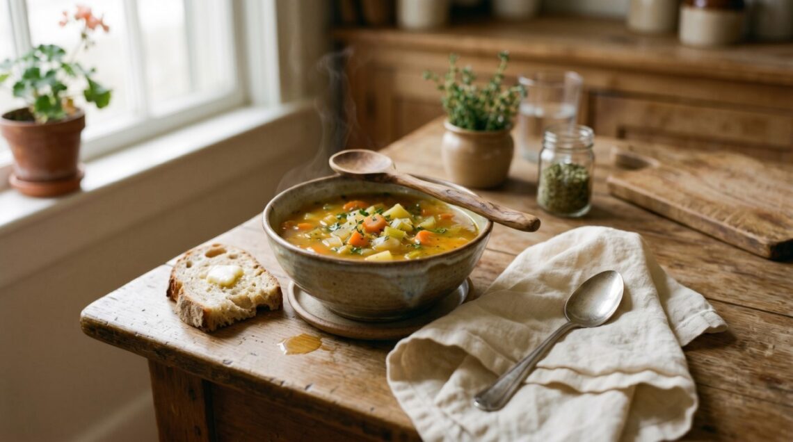 A bowl of homemade vegetable soup with carrots, celery, and herbs in golden broth, served with crusty bread on a wooden table in natural light