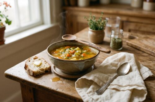 A bowl of homemade vegetable soup with carrots, celery, and herbs in golden broth, served with crusty bread on a wooden table in natural light