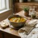 A bowl of homemade vegetable soup with carrots, celery, and herbs in golden broth, served with crusty bread on a wooden table in natural light