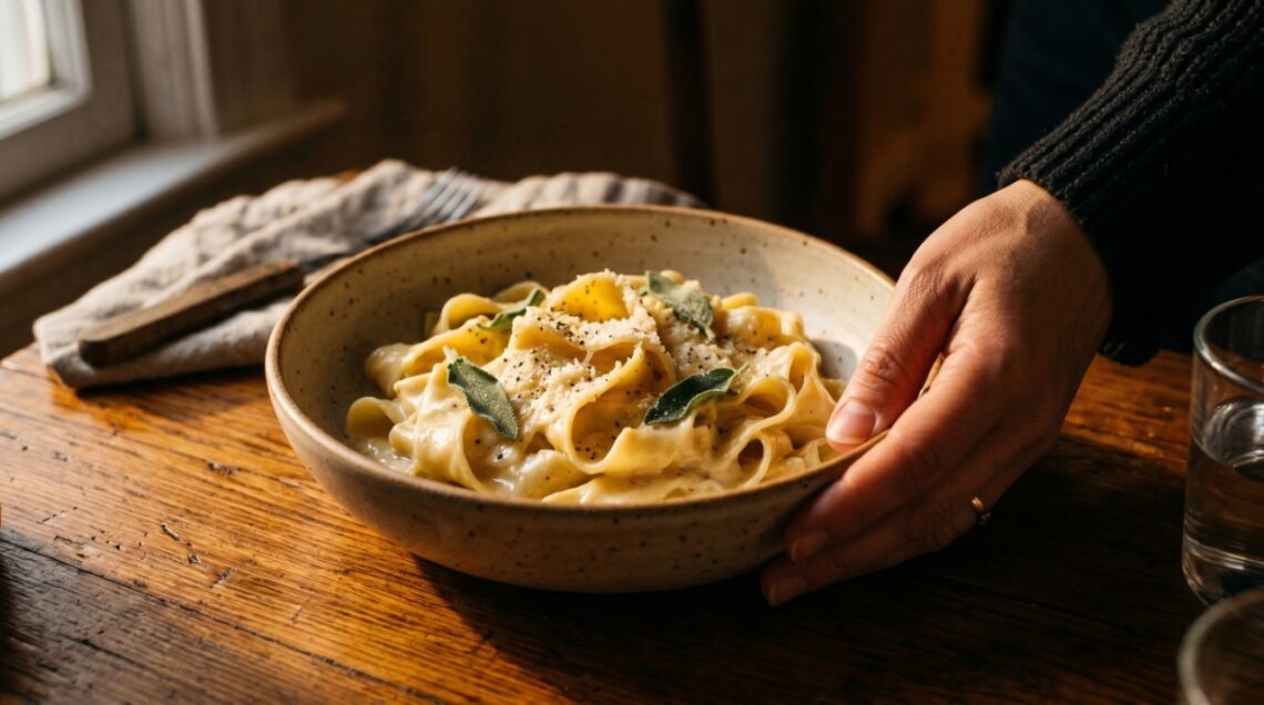 A warm bowl of comfort food on a pale surface in soft natural light, photographed from above