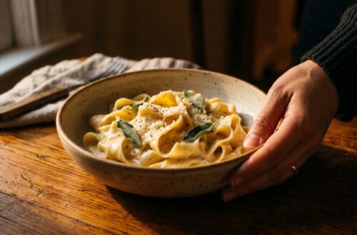 A warm bowl of comfort food on a pale surface in soft natural light, photographed from above