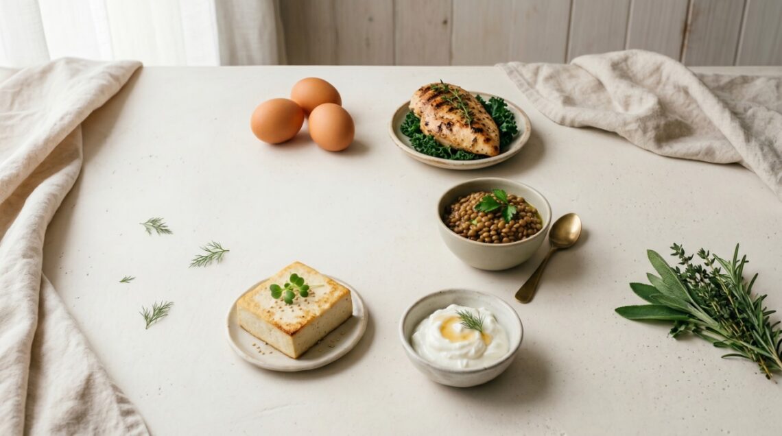 A variety of protein sources including eggs, grilled chicken, lentils, tofu, and Greek yoghurt arranged on a pale surface in natural light
