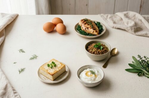 A variety of protein sources including eggs, grilled chicken, lentils, tofu, and Greek yoghurt arranged on a pale surface in natural light