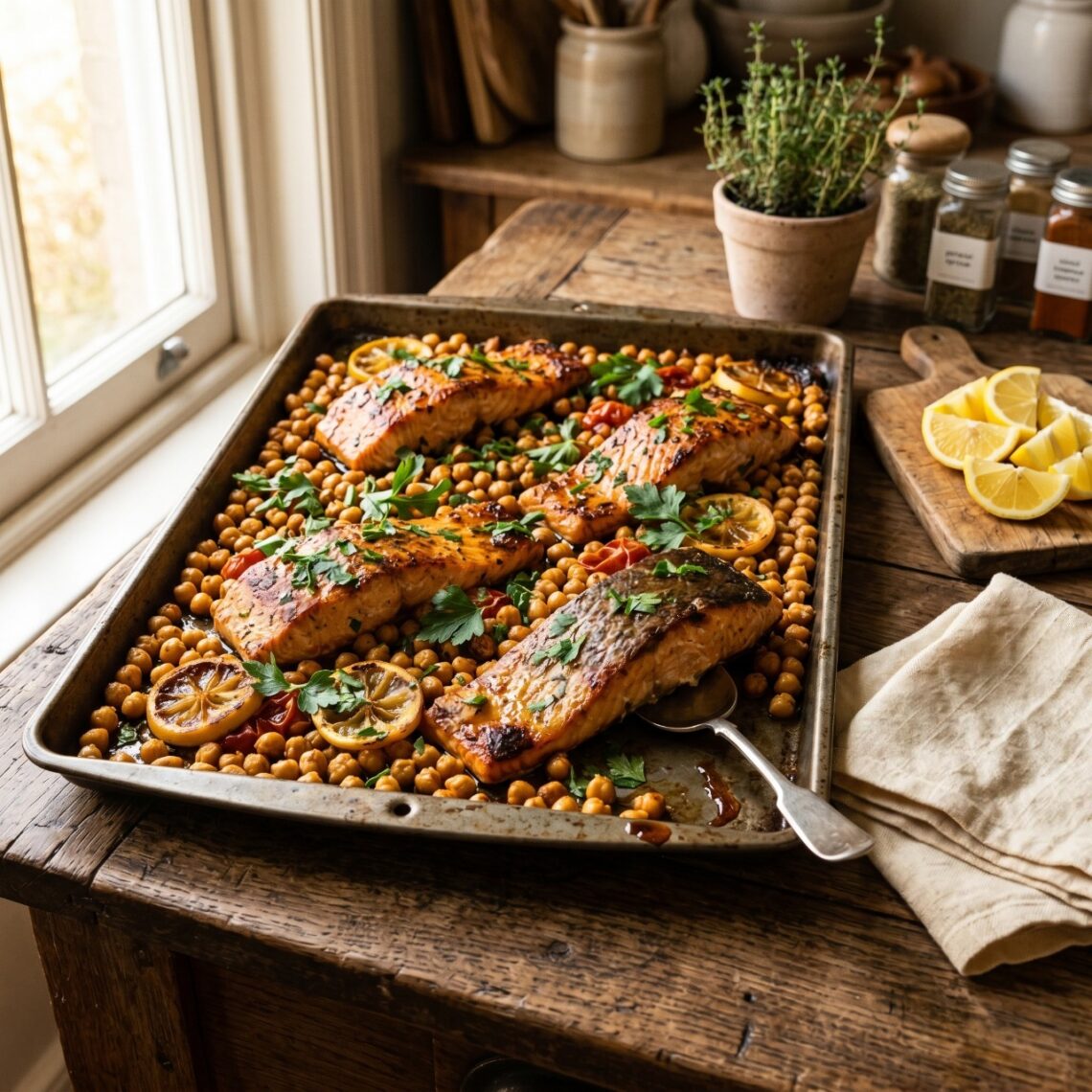 Roasted salmon fillets and golden chickpeas on a rustic baking tray with fresh parsley and lemon, photographed in natural window light on an aged wooden surface