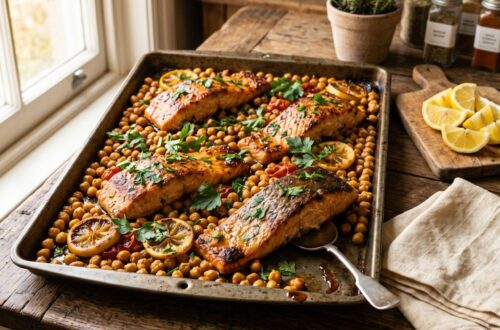 Roasted salmon fillets and golden chickpeas on a rustic baking tray with fresh parsley and lemon, photographed in natural window light on an aged wooden surface